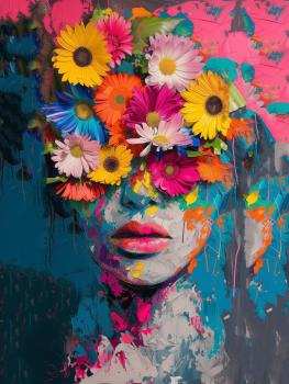 A woman with flowers all over her head